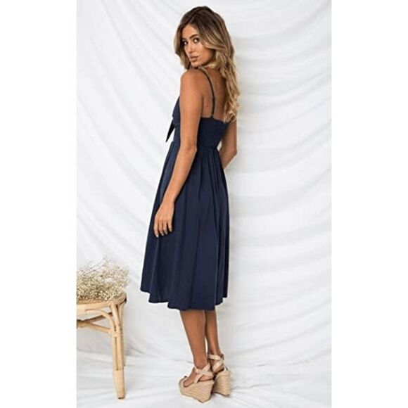 Women Dresses Summer Tie Front V-Neck Spaghetti Strap Button Down A-Line Backles - Picture 3 of 4